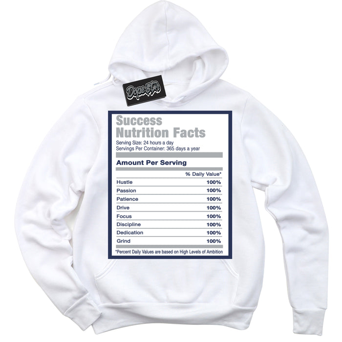 AJ3 Retro Midnight Navy 'Success Nutrition' Hoodie- White Streetwear Mockup | Sneakerhead Hoodie Matching Midnight Navy AJ3 Retro | Jordan 3 Retro Midnight Navy hoodie for Men & Women | Matching outfits with your Midnight Navy 3s Kicks | Sneakerhead Fashion Must-Have.