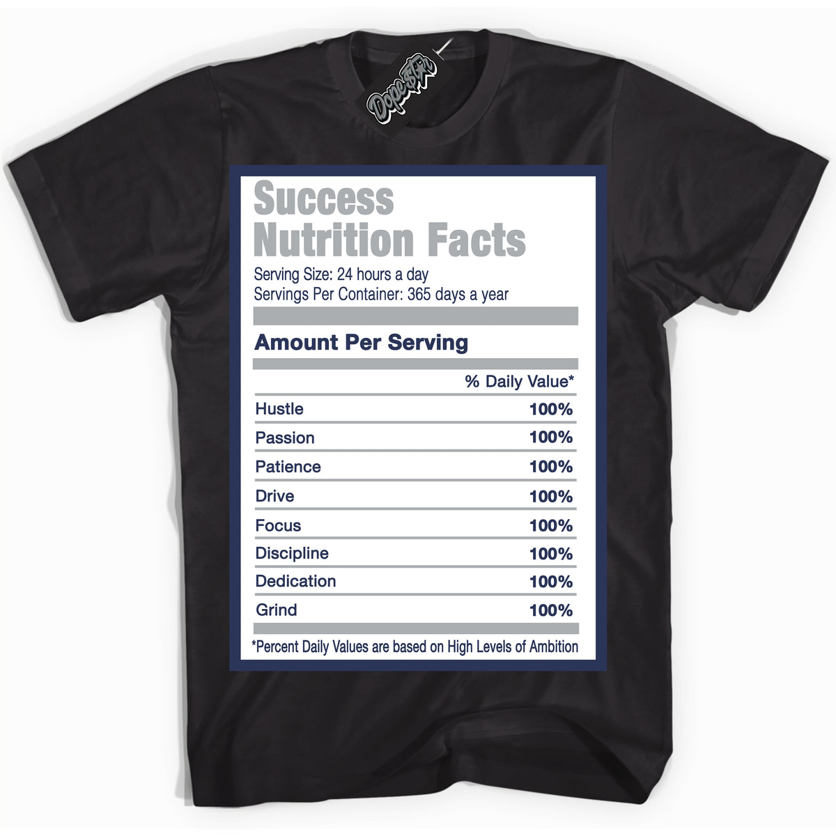 AJ3 Retro Midnight Navy 'Success Nutrition' Shirt - Black Streetwear Mockup | Sneakerhead T-shirt Matching Midnight Navy AJ3 Retro| Jordan 3 Retro Midnight Navy Shirt for Men & Women | Matching outfits with your Midnight Navy 3s Kicks | Sneakerhead Fashion Must-Have.