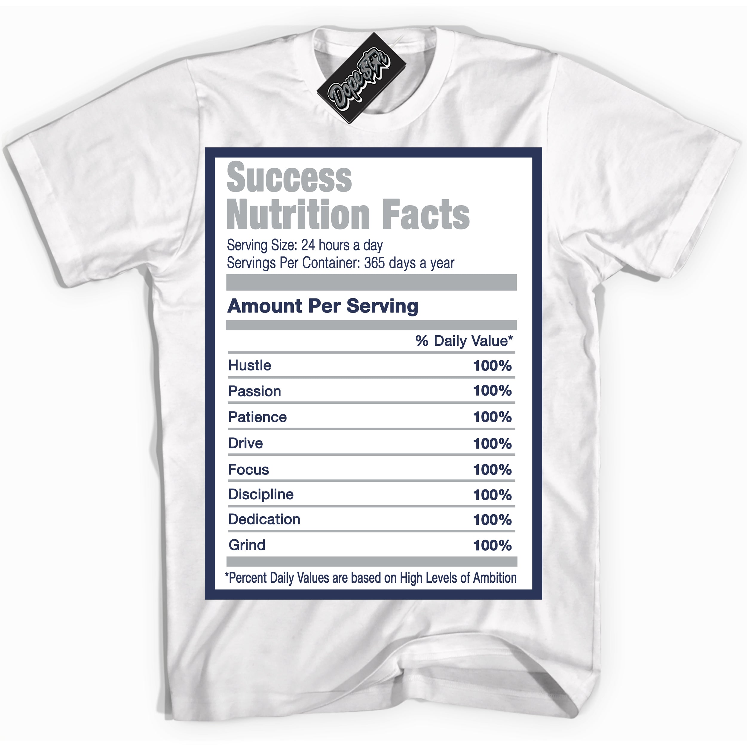 AJ3 Retro Midnight Navy 'Success Nutrition' Shirt - White Streetwear Mockup | Sneakerhead T-shirt Matching Midnight Navy AJ3 Retro | Jordan 3 Retro Midnight Navy Shirt for Men & Women | Matching outfits with your Midnight Navy 3s Kicks | Sneakerhead Fashion Must-Have.