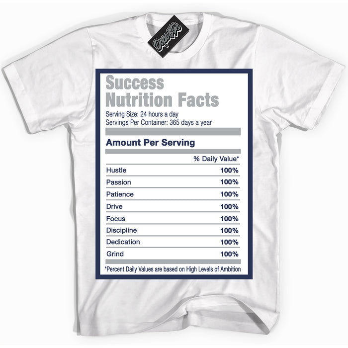 AJ3 Retro Midnight Navy 'Success Nutrition' Shirt - White Streetwear Mockup | Sneakerhead T-shirt Matching Midnight Navy AJ3 Retro | Jordan 3 Retro Midnight Navy Shirt for Men & Women | Matching outfits with your Midnight Navy 3s Kicks | Sneakerhead Fashion Must-Have.