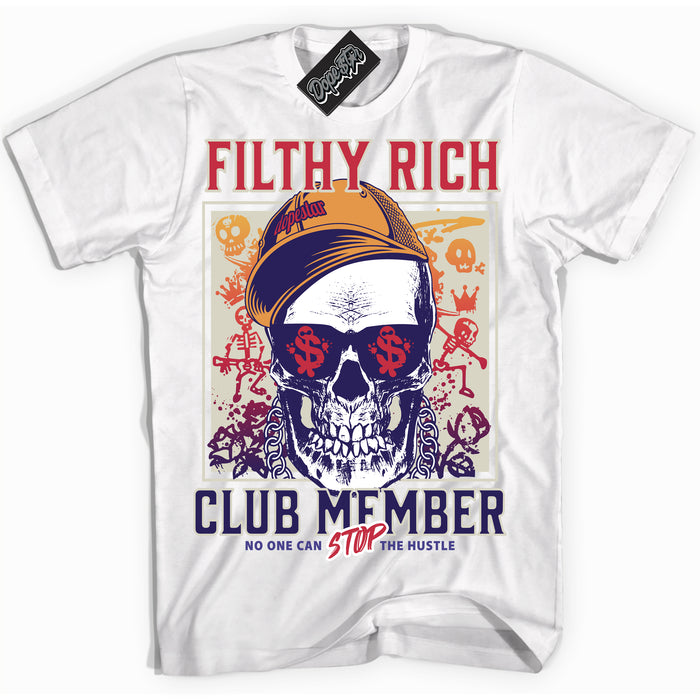 Cool White Shirt with “ Filthy Rich” design that perfectly matches J Balvin Medellin Sunset 3s Sneakers.