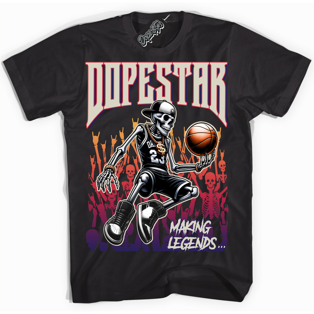 Cool Black Shirt with “ Making Legends ” design that perfectly matches J Balvin Sunset 3s Sneakers.