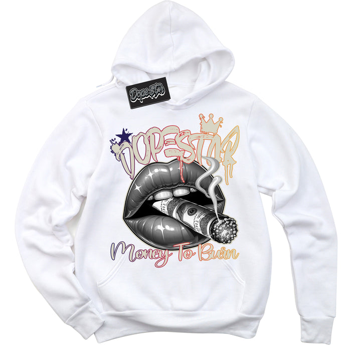 Cool White Hoodie with “ Money To Burn ”  design that Perfectly Matches J Balvin Medellin Sunset 3s Sneakers.