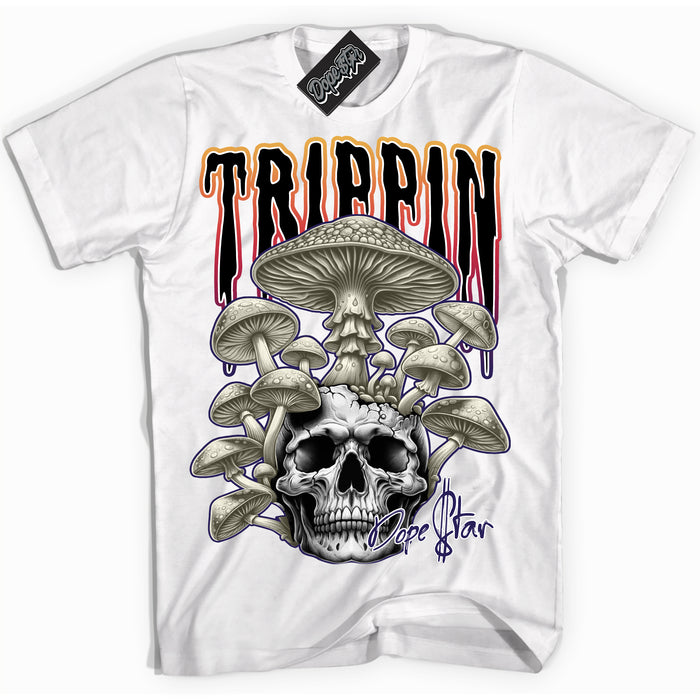 Cool White Shirt with “ Trippin” design that perfectly matches J Balvin Sunset 3s Sneakers.