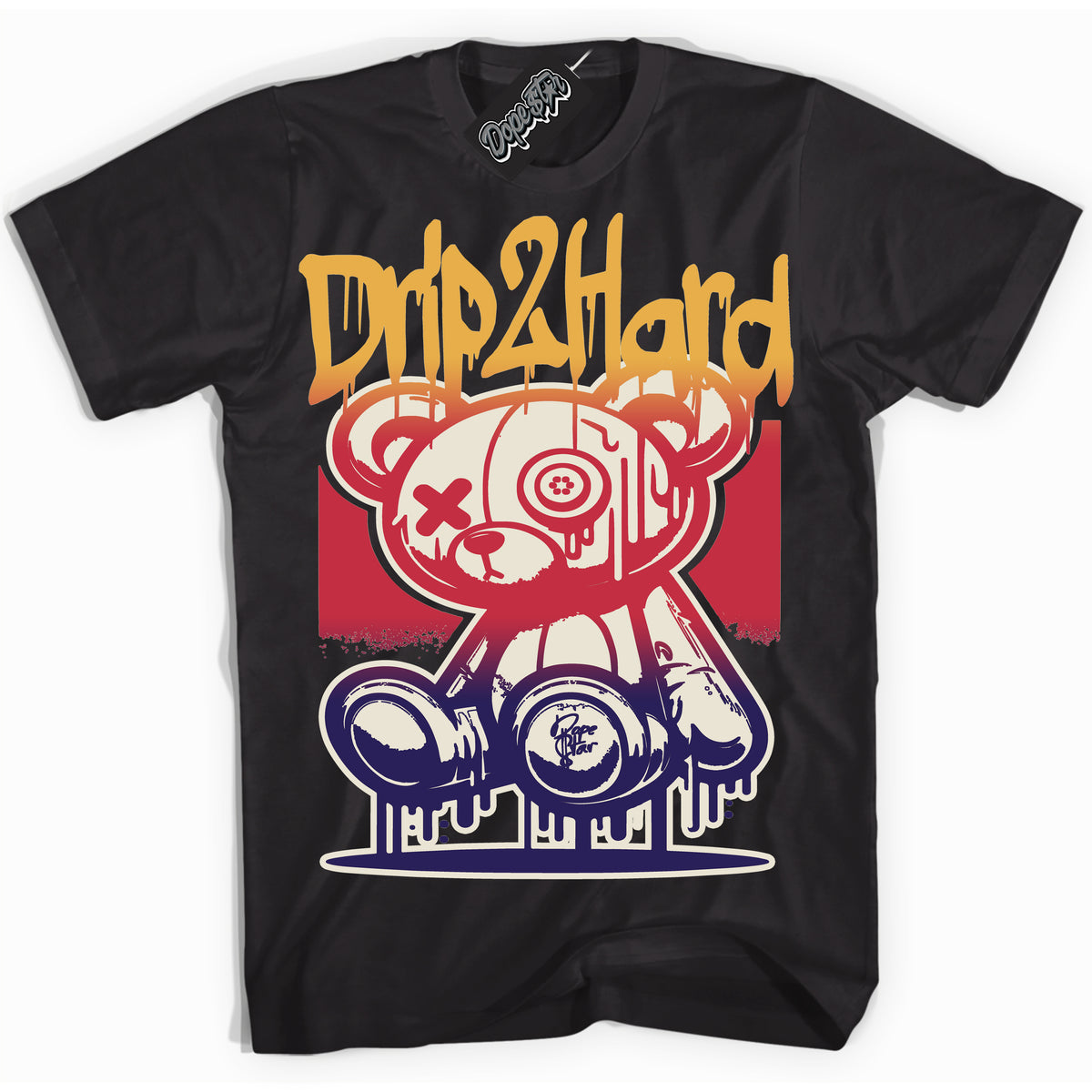 Cool Black Shirt with “ Drip 2 Hard” design that perfectly matches J Balvin Sunset 3s Jordans.