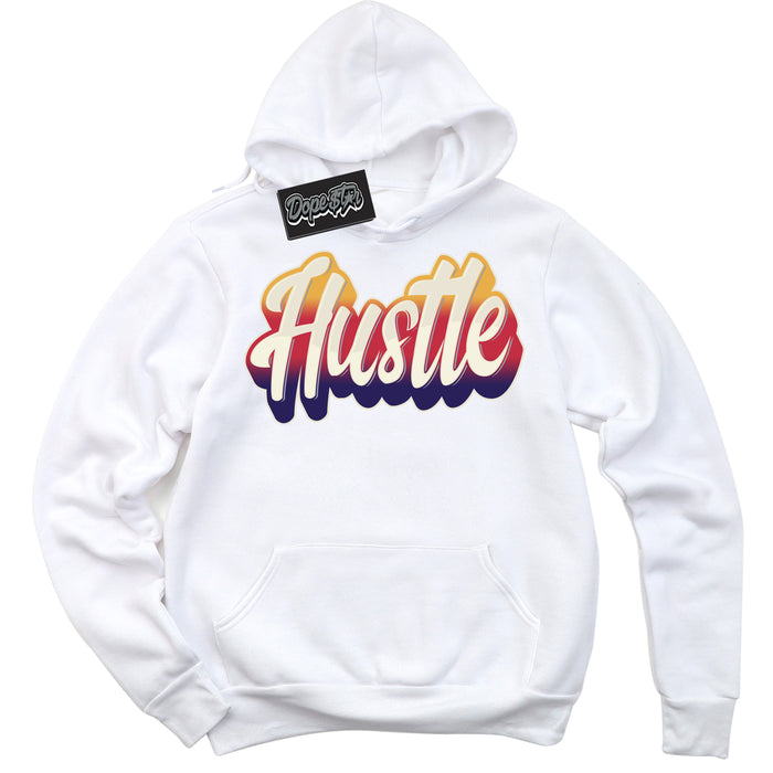 Cool White Hoodie with “ Hustle ”  design that Perfectly Matches J Balvin Sunset 3s Jordans.