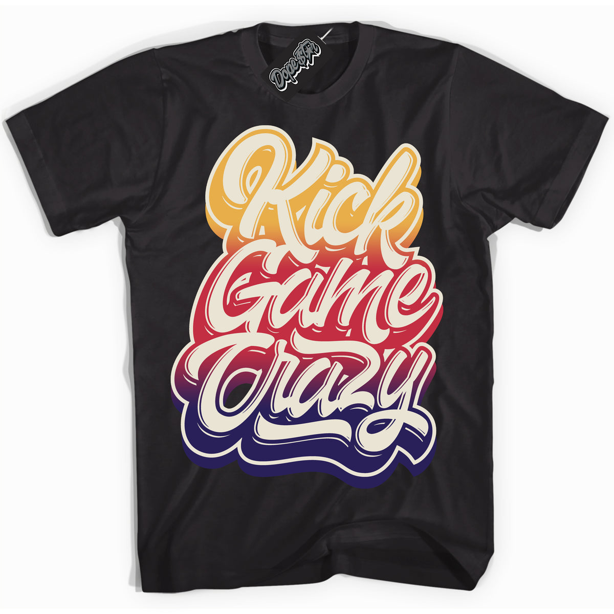 Cool Black Shirt with “ Kick Game Crazy” design that perfectly matches J Balvin Sunset 3s Jordans.