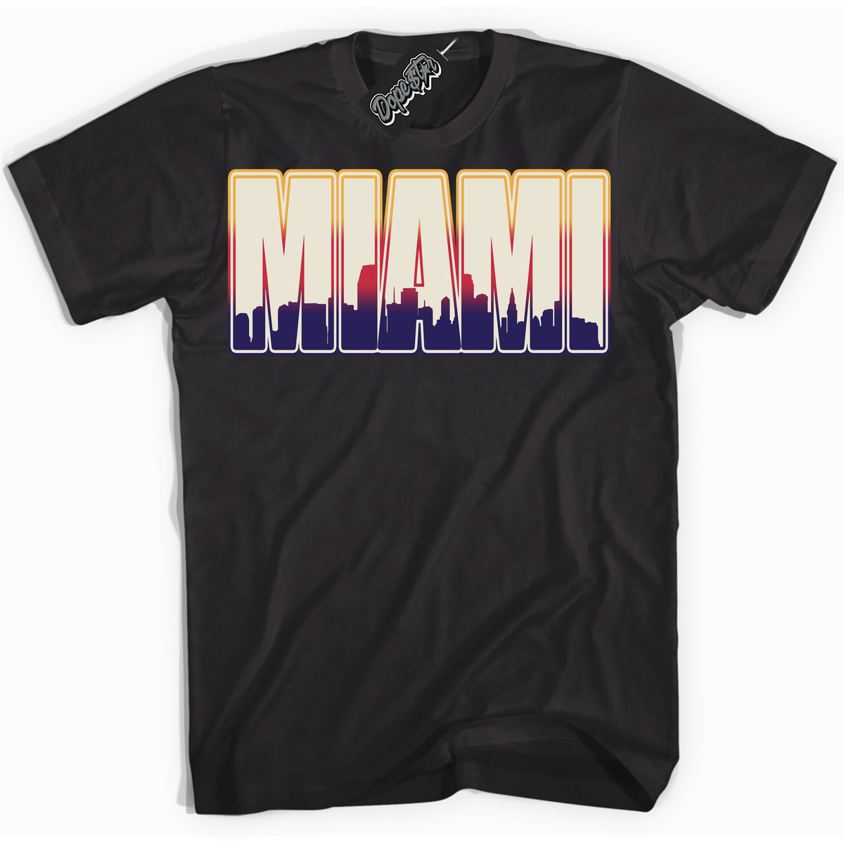 Cool Black Shirt with “ Miami” design that perfectly matches J Balvin Sunset 3s Jordans.