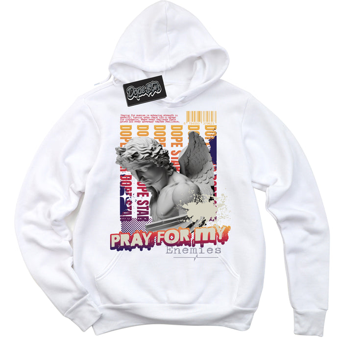 Cool White Hoodie with “ Pray Enemies ”  design that Perfectly Matches J Balvin Sunset 3s Sneakers.