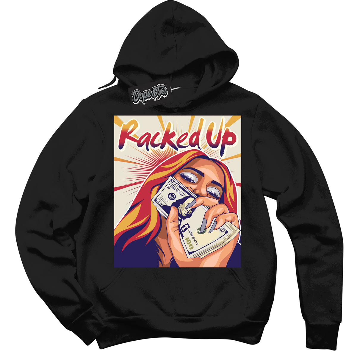 Cool Black Hoodie with “ Racked Up ”  design that Perfectly Matches J Balvin Sunset 3s Jordans.