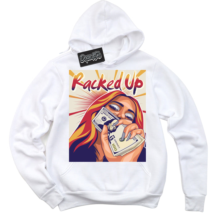Cool White Hoodie with “ Racked Up ”  design that Perfectly Matches J Balvin Sunset 3s Jordans.