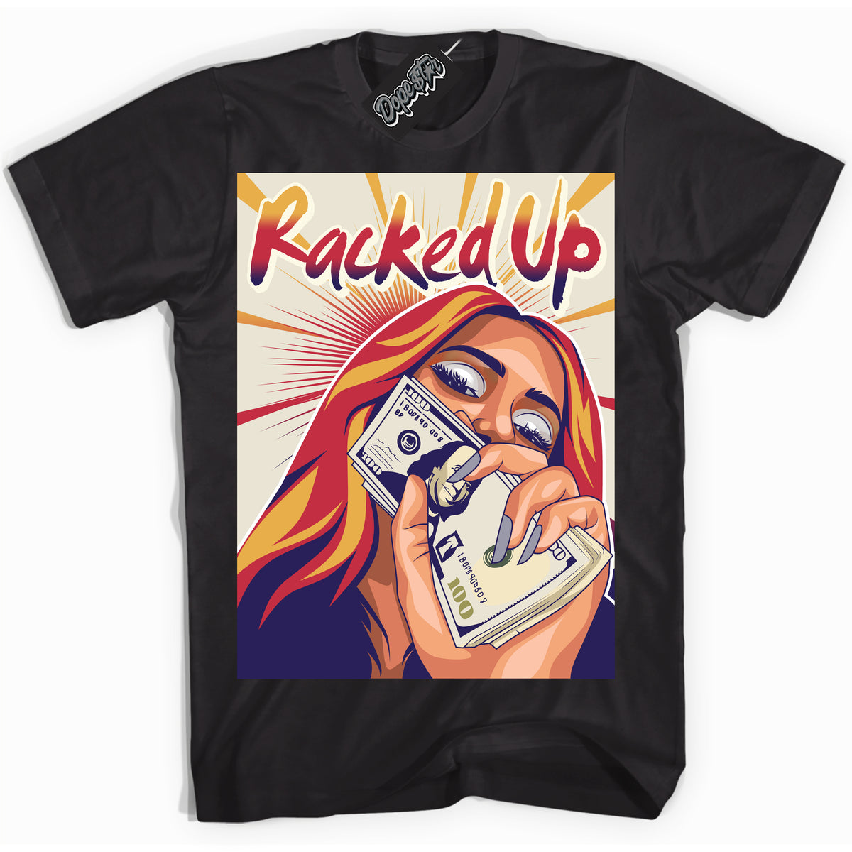 Cool Black Shirt with “ Racked Up” design that perfectly matches J Balvin Sunset 3s Jordans.