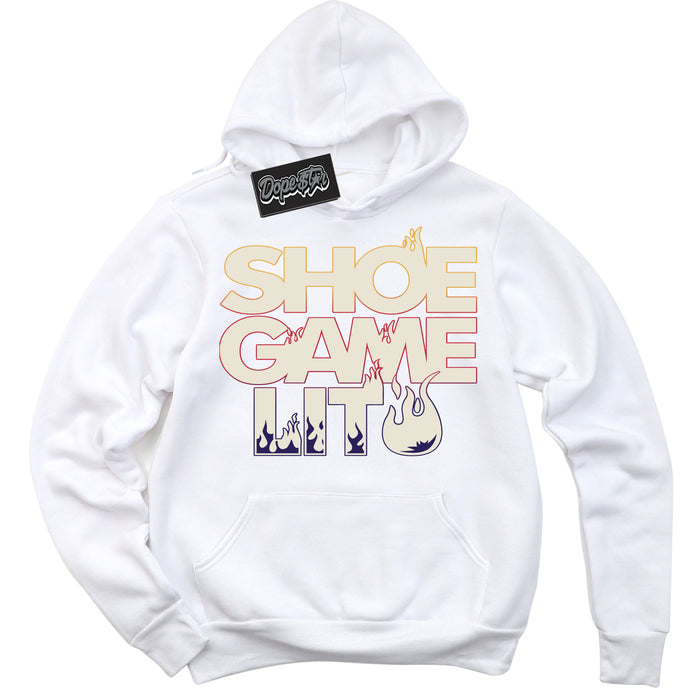Cool White Hoodie with “ Shoe Game Lit ”  design that Perfectly Matches J Balvin Sunset 3s Jordans.