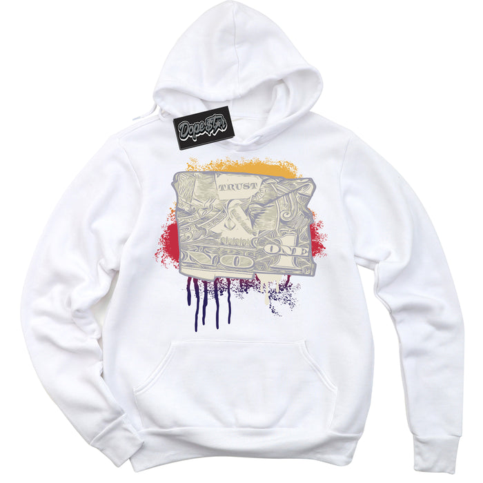 Cool White Hoodie with “ Trust No One Dollar ”  design that Perfectly Matches J Balvin Sunset 3s Jordans.