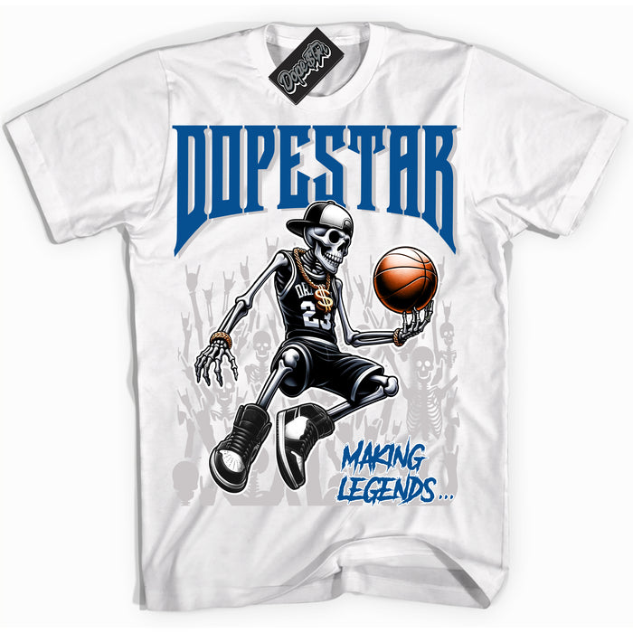 Cool White Shirt with “ Making Legends ” design that perfectly matches Military Blue 4s Sneakers.
