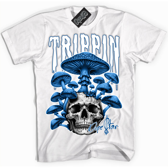 Cool White Shirt with “ Trippin” design that perfectly matches Military Blue 4s Sneakers.