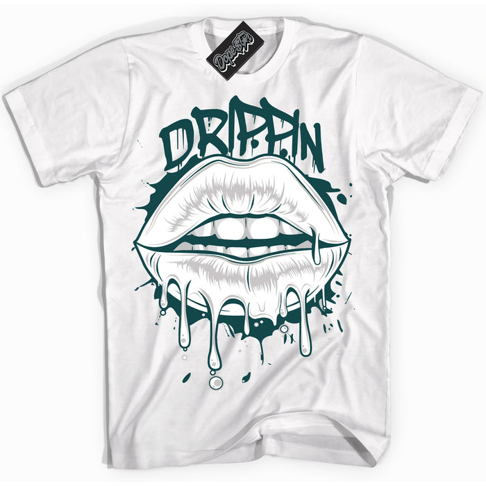 Cool White Shirt with “ Drippin ” design that perfectly matches Oxidized Green 4s Jordans.