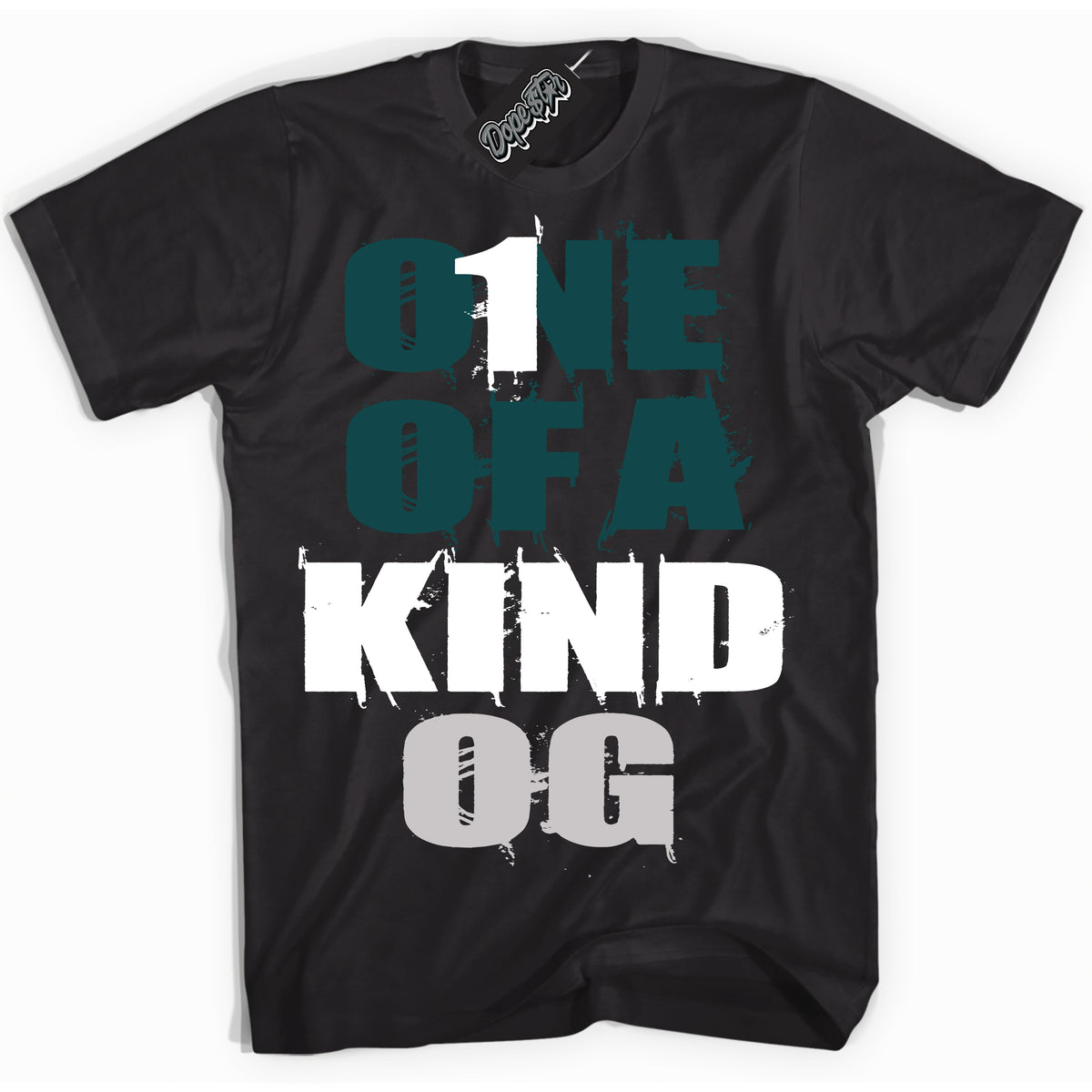 Cool Black Shirt with “ One Of A Kind ” design that perfectly matches Oxidized Green 4s Jordans.