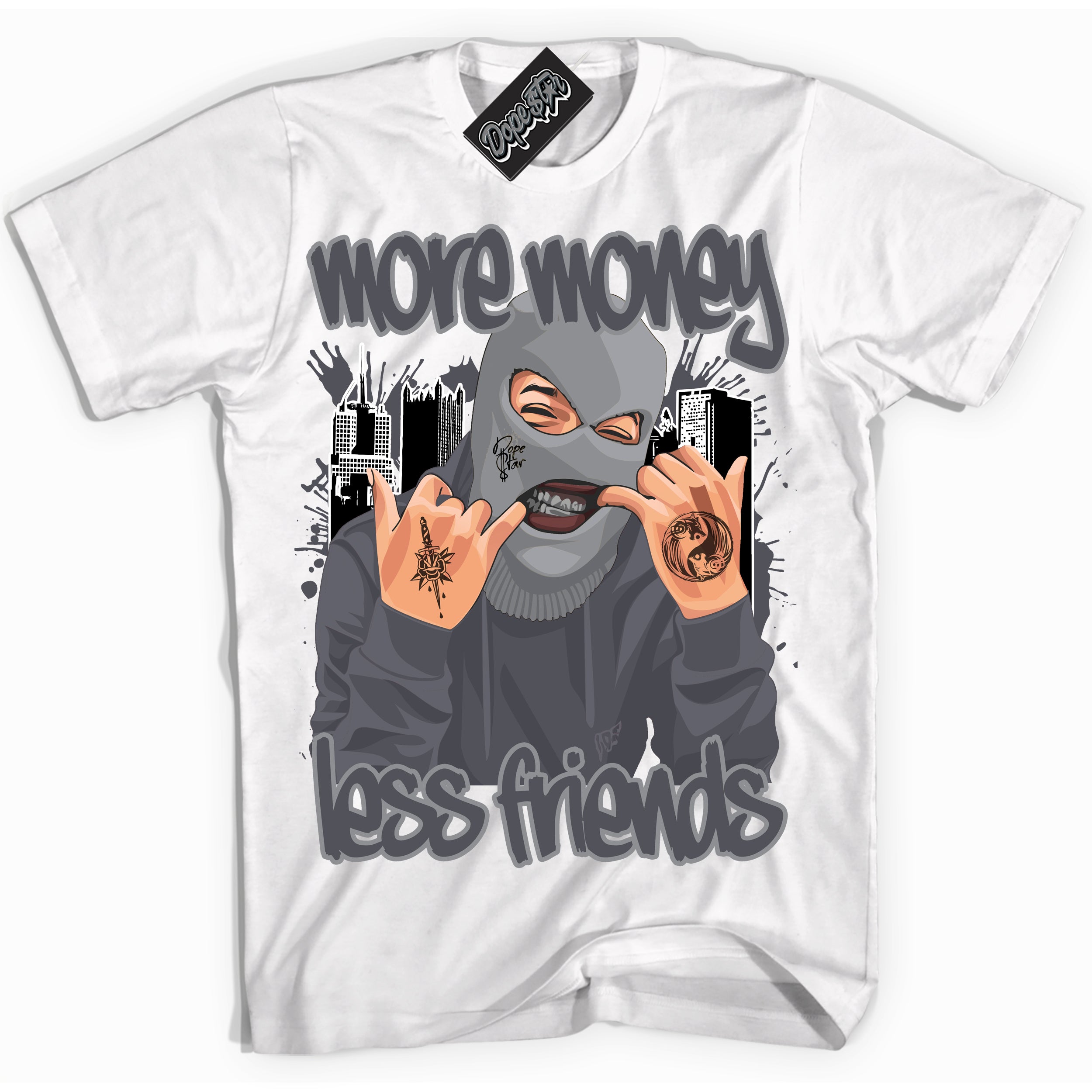 Cool White Shirt with “ More Money Less Friends ” design that perfectly matches Paris Olympics Wet Cement 4s Jordans.
