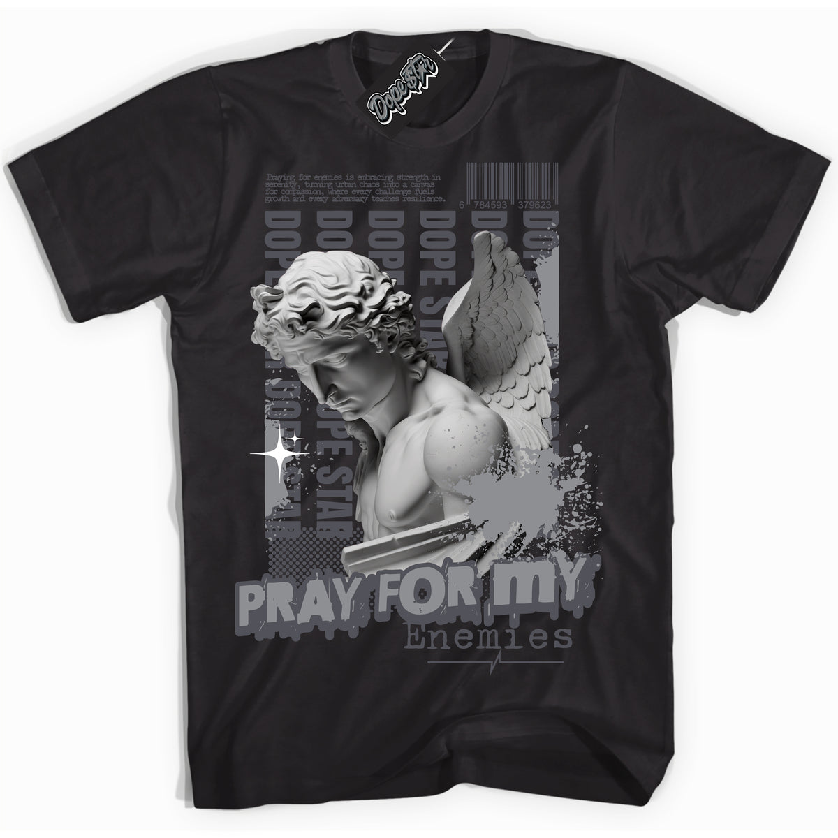 Cool Black Shirt with “ Pray Enemies ” design that perfectly matches Paris Olympics Wet Cement 4s Jordans.
