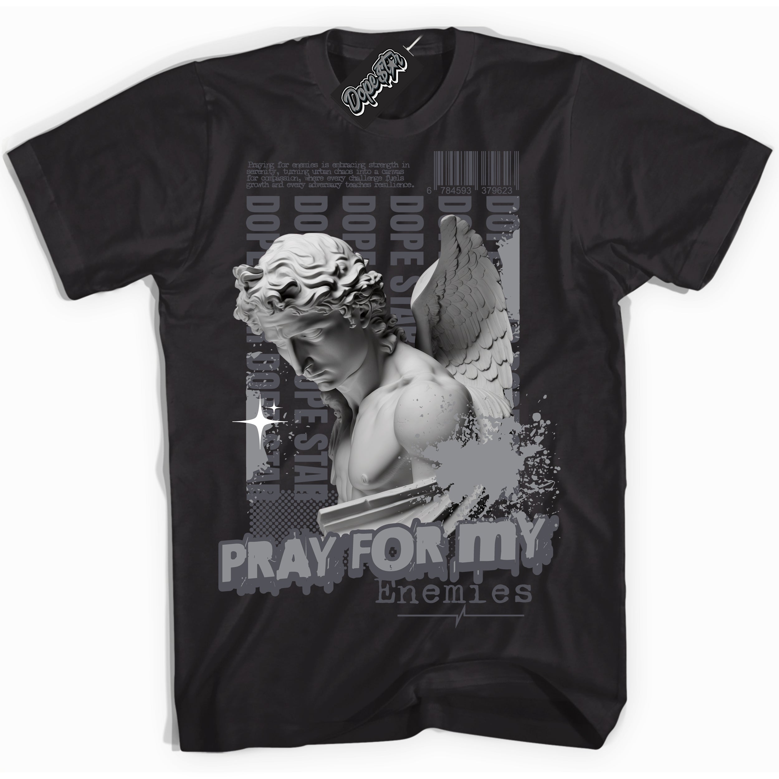 Cool Black Shirt with “ Pray Enemies ” design that perfectly matches Paris Olympics Wet Cement 4s Jordans.
