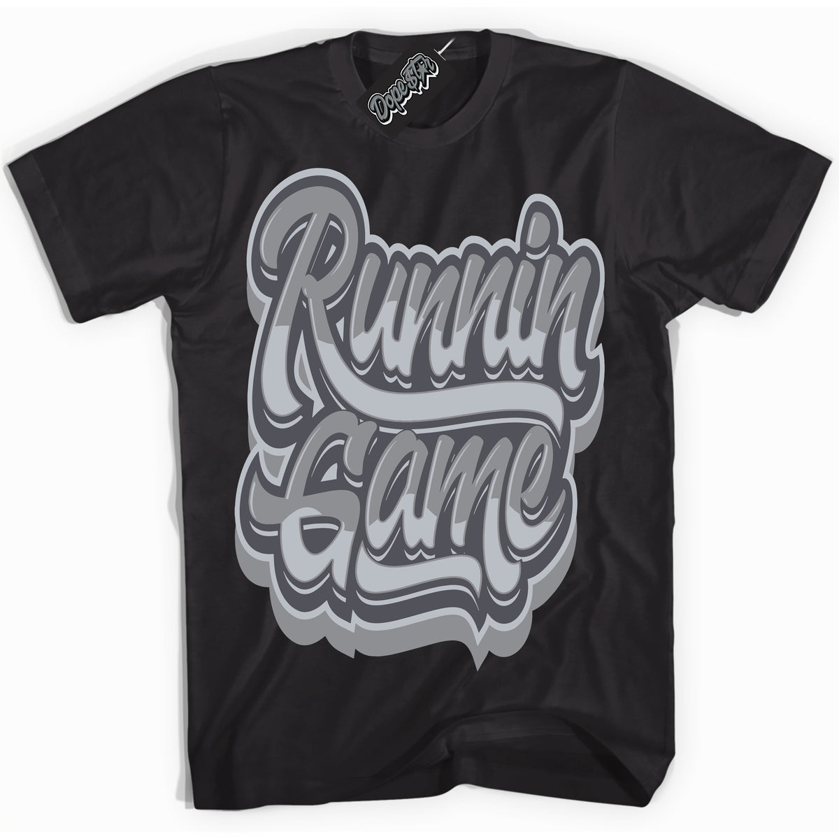Cool Black Shirt with “ Running Game ” design that perfectly matches Paris Olympics Wet Cement 4s Jordans.
