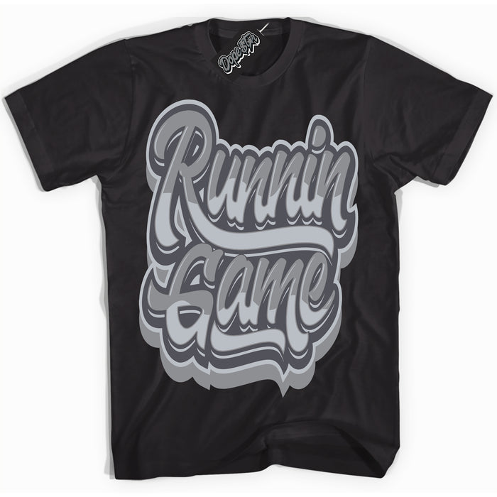 Cool Black Shirt with “ Running Game ” design that perfectly matches Paris Olympics Wet Cement 4s Jordans.
