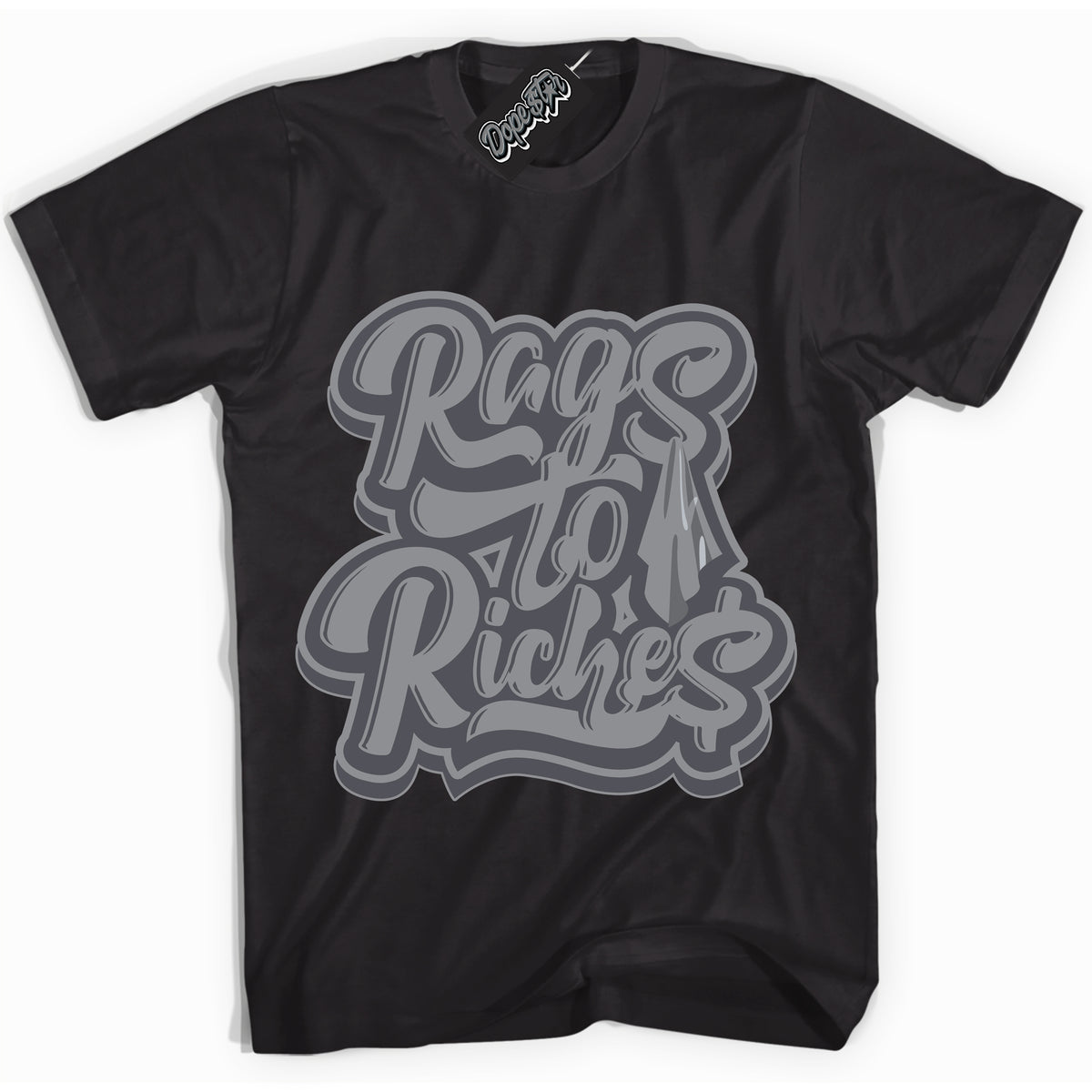 Cool Black Shirt with “ Rags To Riches ” design that perfectly matches Paris Olympics Wet Cement 4s Jordans.
