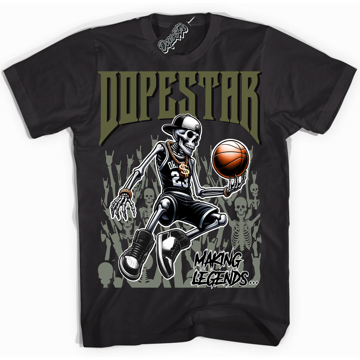 Cool Black Shirt with “ Making Legends ” design that perfectly matches Craft Olive 4s Sneakers.