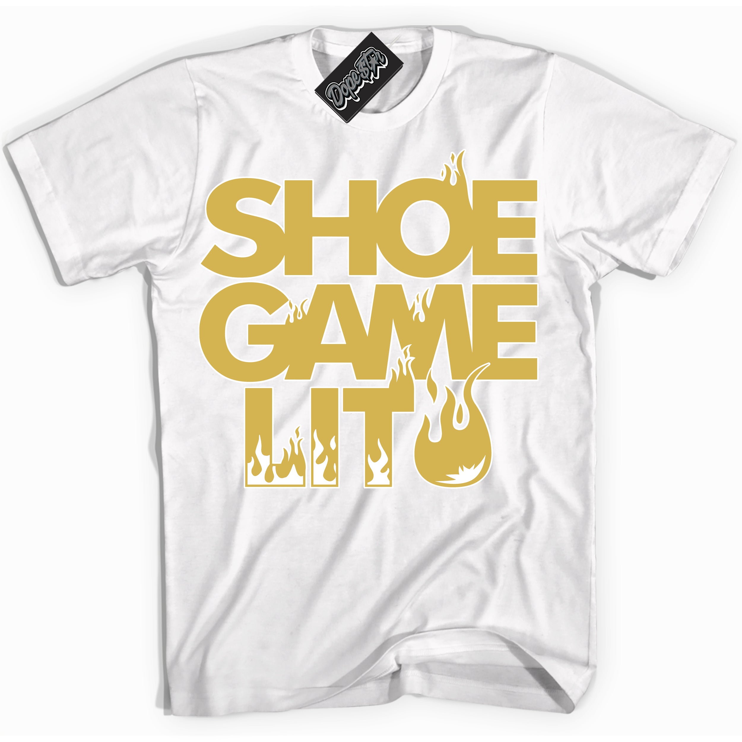 Cool White Shirt with “ Shoe Game Lit ” design that perfectly matches Metallic Gold 4s Sneakers.