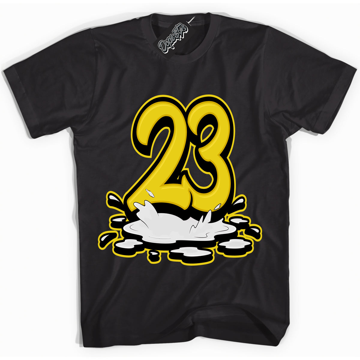 Cool Black Shirt with “ 23 Melting” design that perfectly matches Vivid Sulfur 4s Jordans.