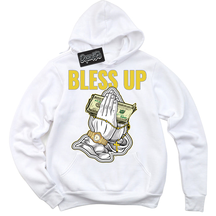 Cool White Hoodie with “ Bless Up ”  design that Perfectly Matches Vivid Sulfur 4s Jordans.
