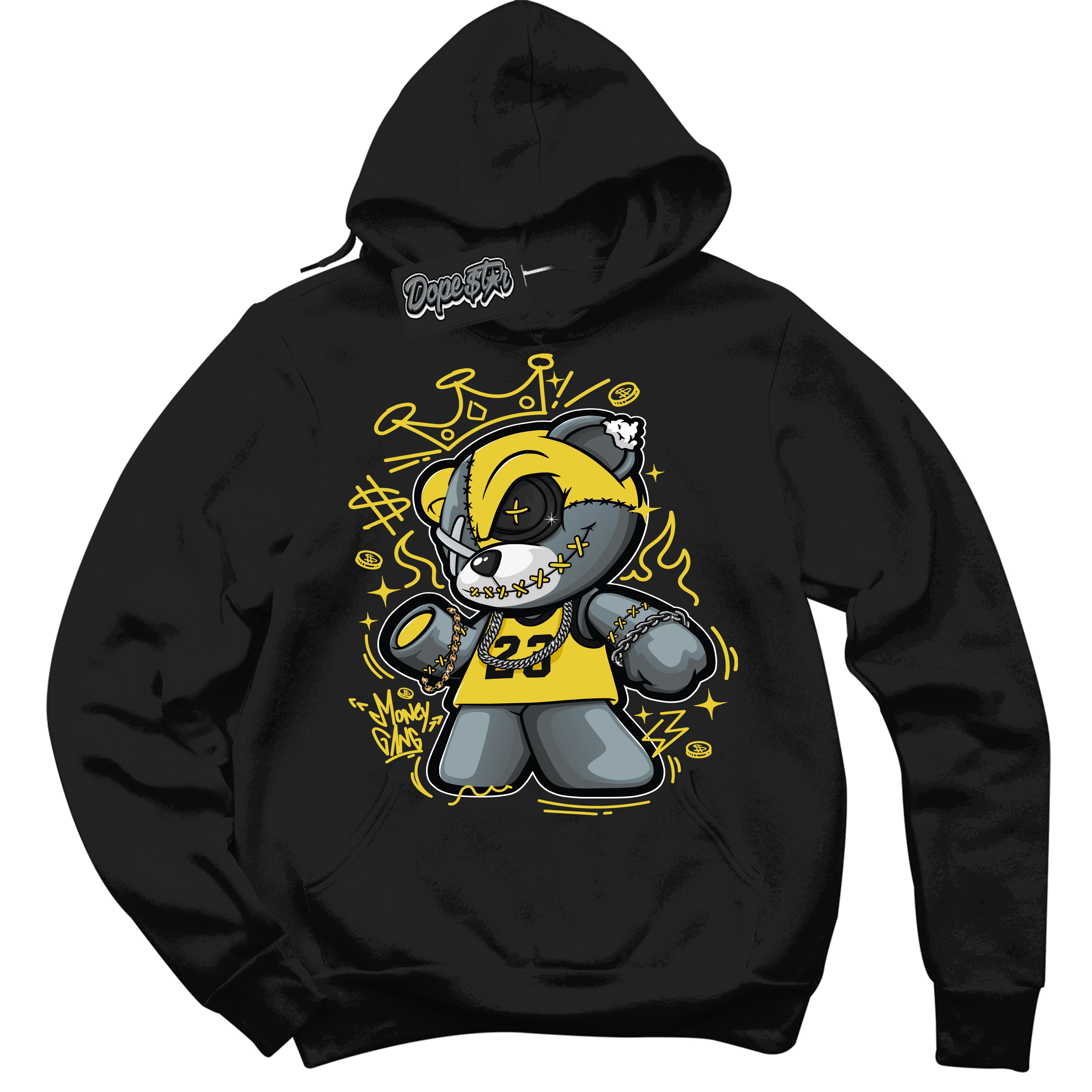Cool Black Hoodie with “ Money Gang Bear ”  design that Perfectly Matches Vivid Sulfur 4s Jordans.
