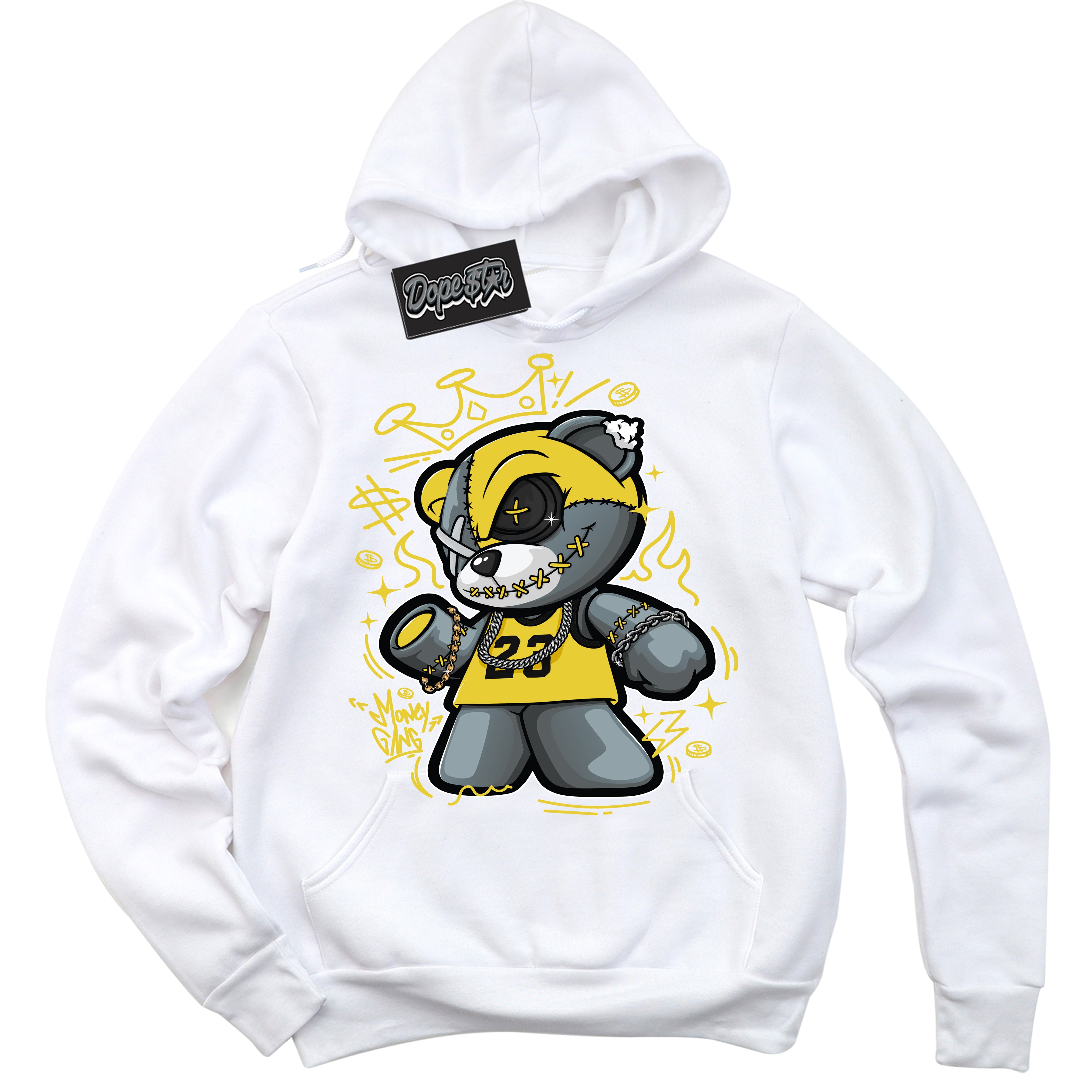 Cool White Hoodie with “ Money Gang Bear ”  design that Perfectly Matches Vivid Sulfur 4s Jordans.
