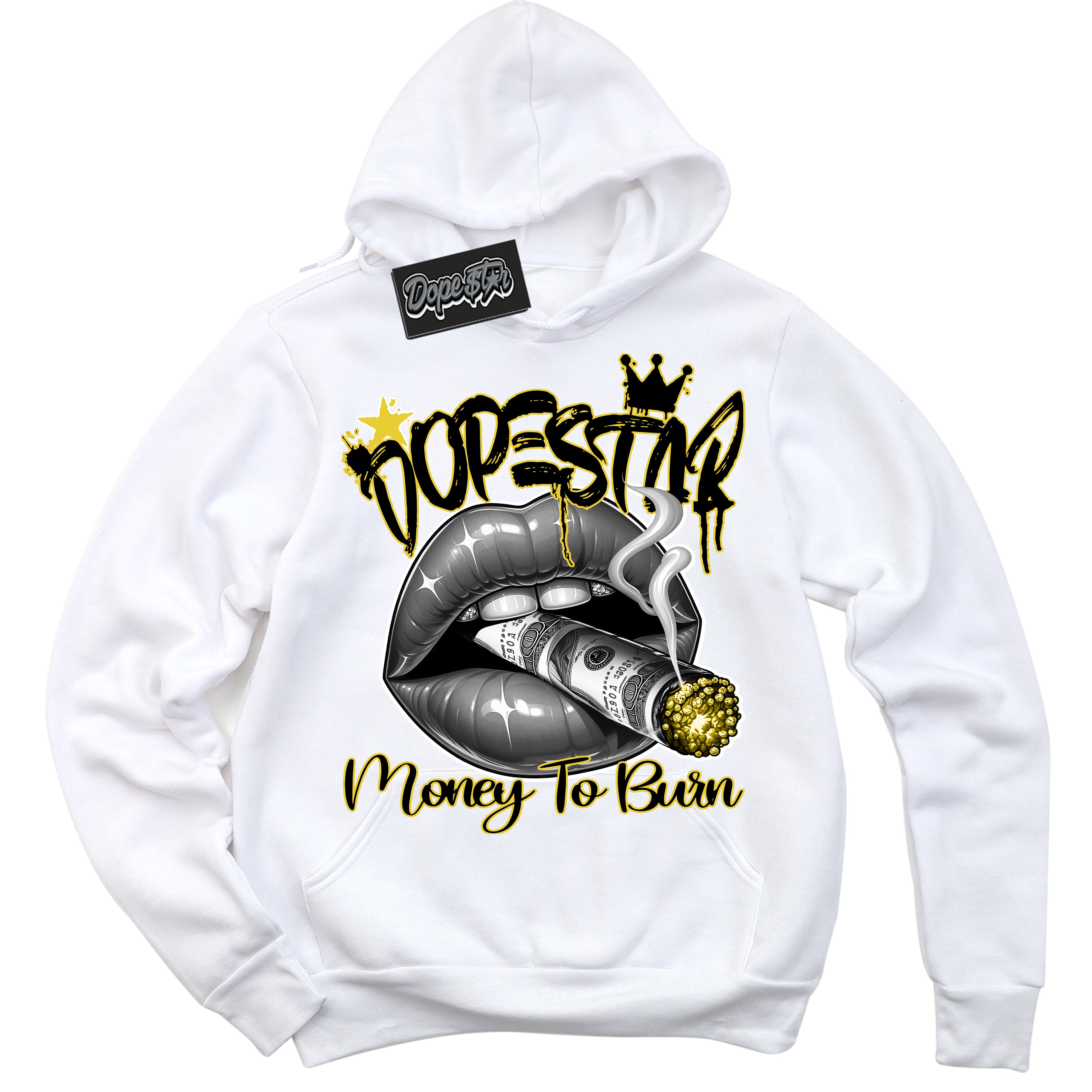 Cool White Hoodie with “ Money To Burn ”  design that Perfectly Matches Vivid Sulfur 4s Sneakers.