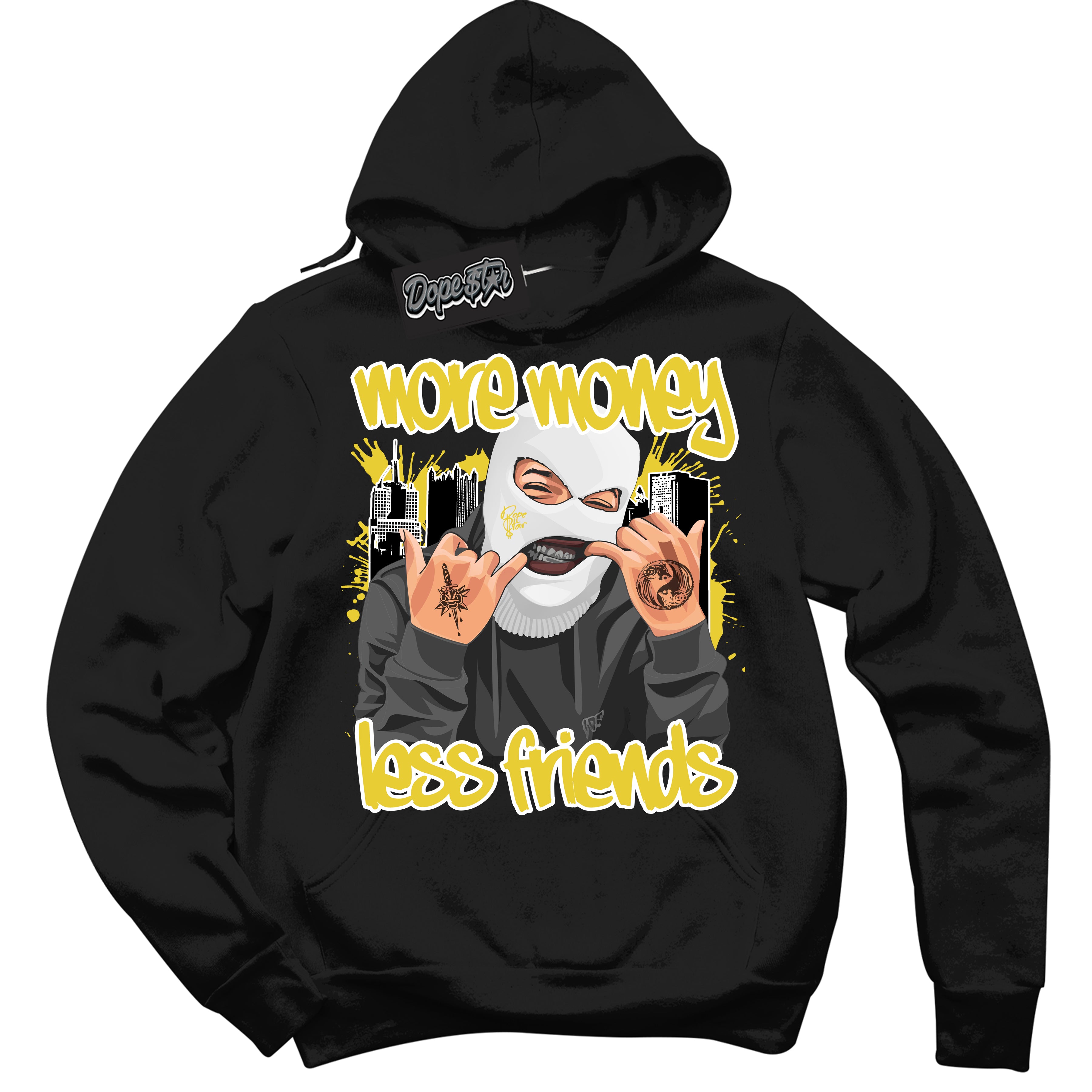 Cool Black Hoodie with “ More Money Less Friends ”  design that Perfectly Matches Vivid Sulfur 4s Jordans.
