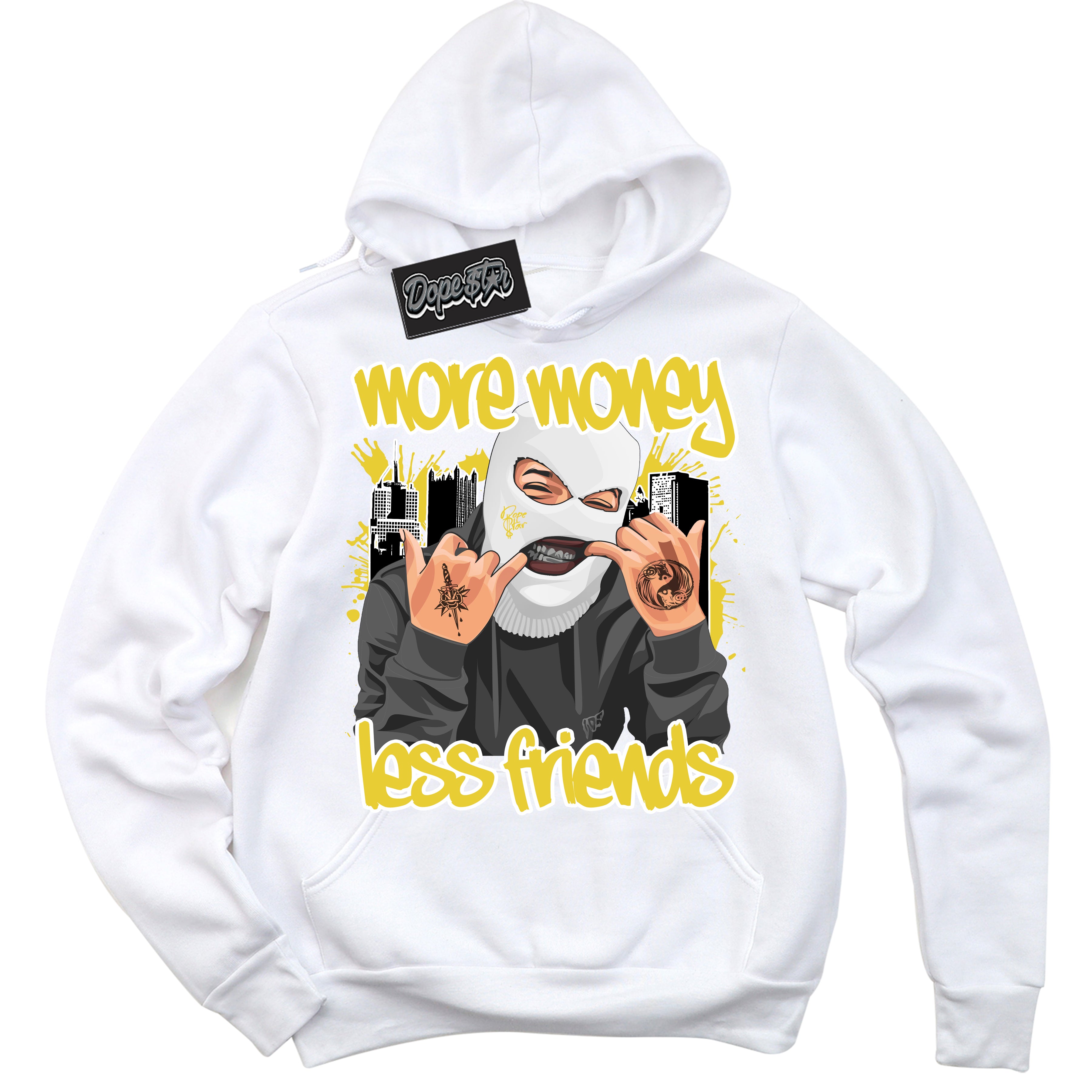 Cool White Hoodie with “ More Money Less Friends ”  design that Perfectly Matches Vivid Sulfur 4s Jordans.
