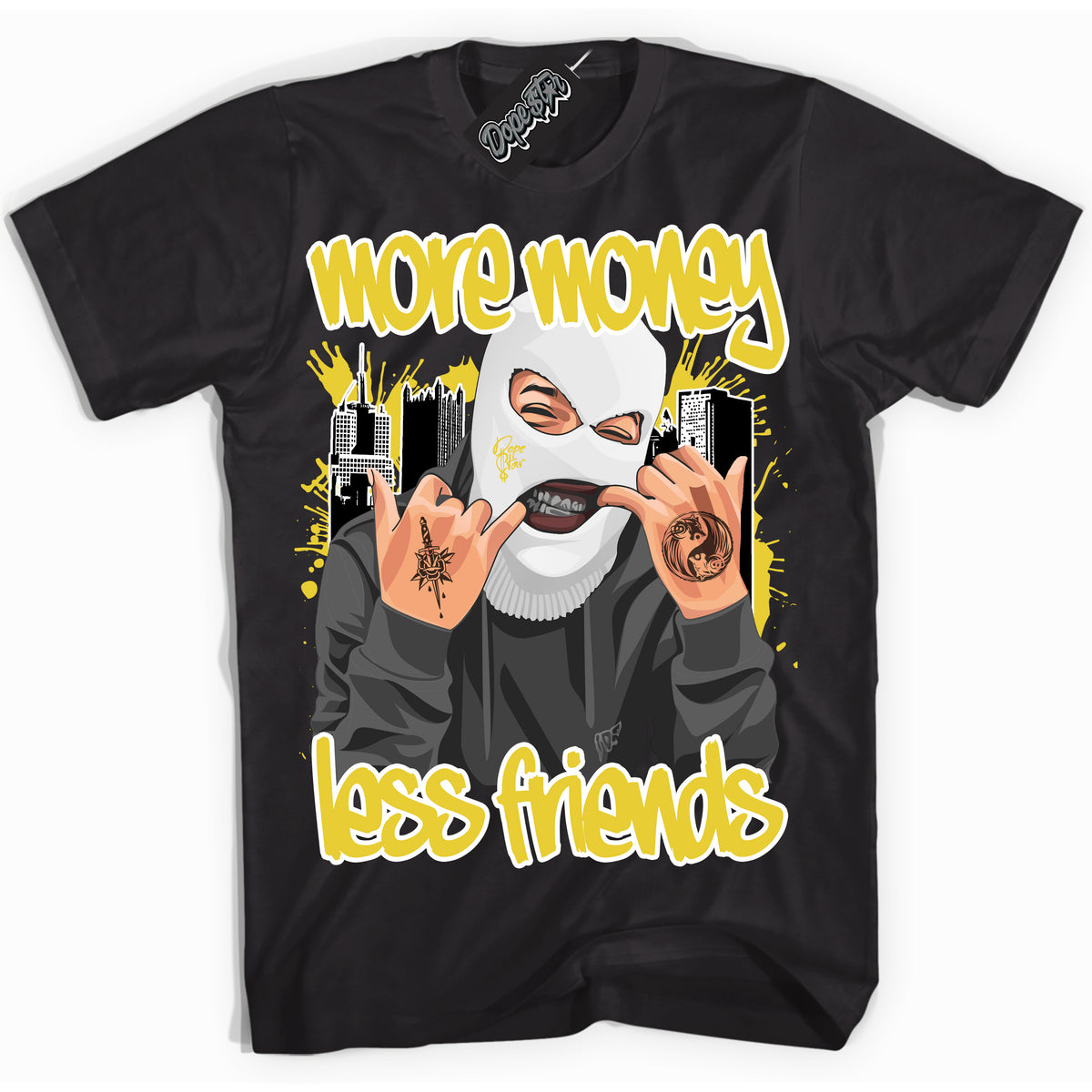 Cool Black Shirt with “ More Money Less Friends” design that perfectly matches Vivid Sulfur 4s Jordans.
