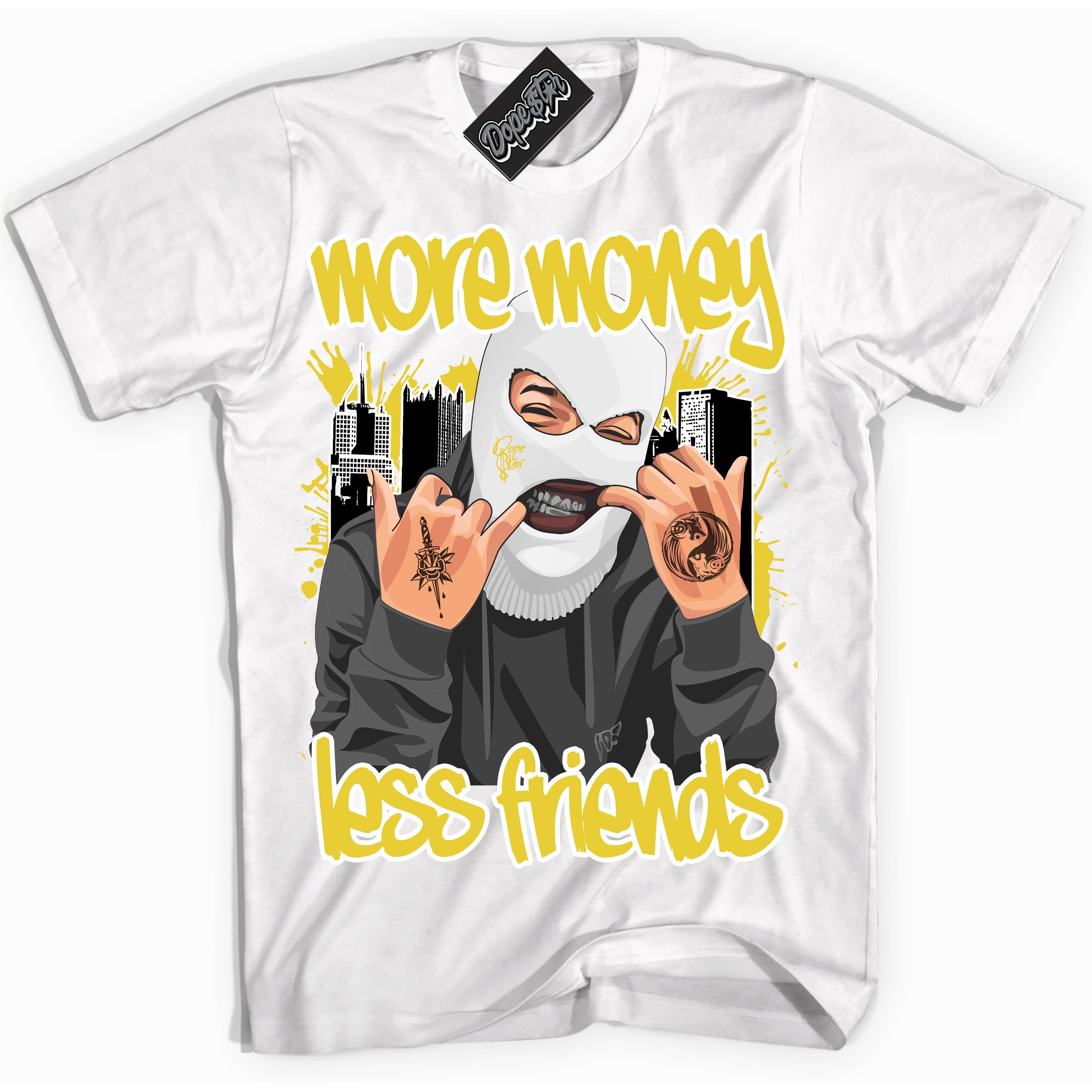 Cool White Shirt with “ More Money Less Friends” design that perfectly matches Vivid Sulfur 4s Jordans.
