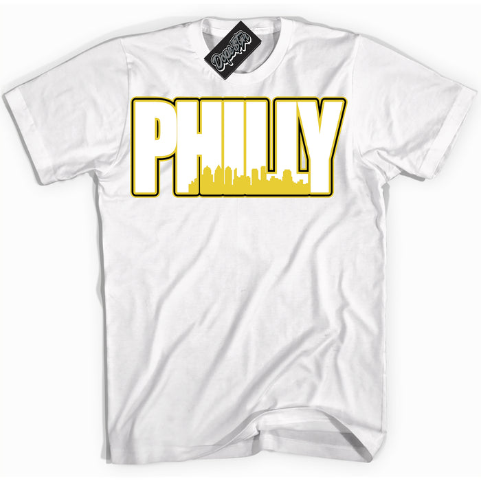 Cool White Shirt with “ Philly” design that perfectly matches Vivid Sulfur 4s Jordans.
