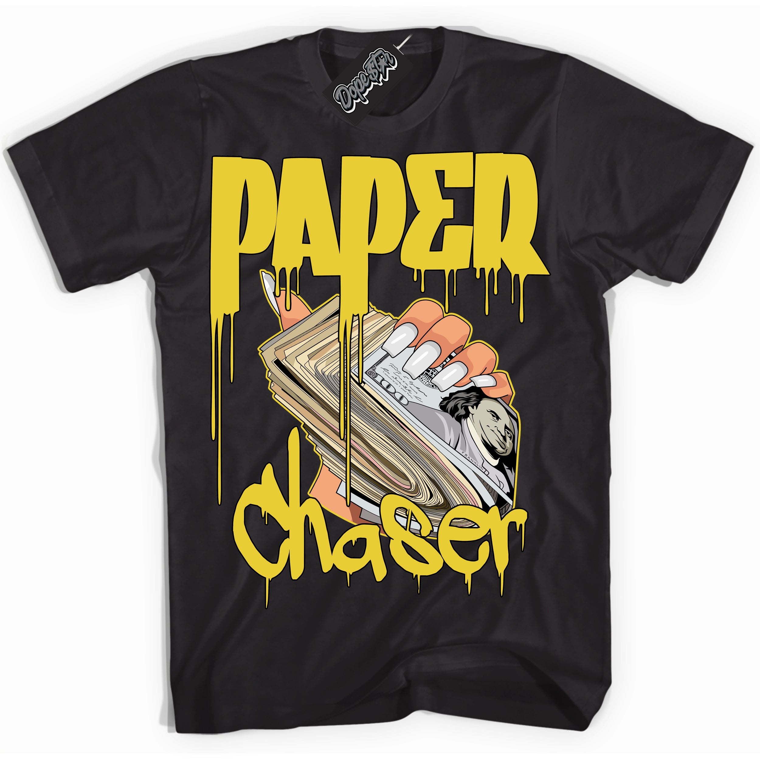 Cool Black Shirt with “ Paper Chaser” design that perfectly matches Vivid Sulfur 4s Jordans.
