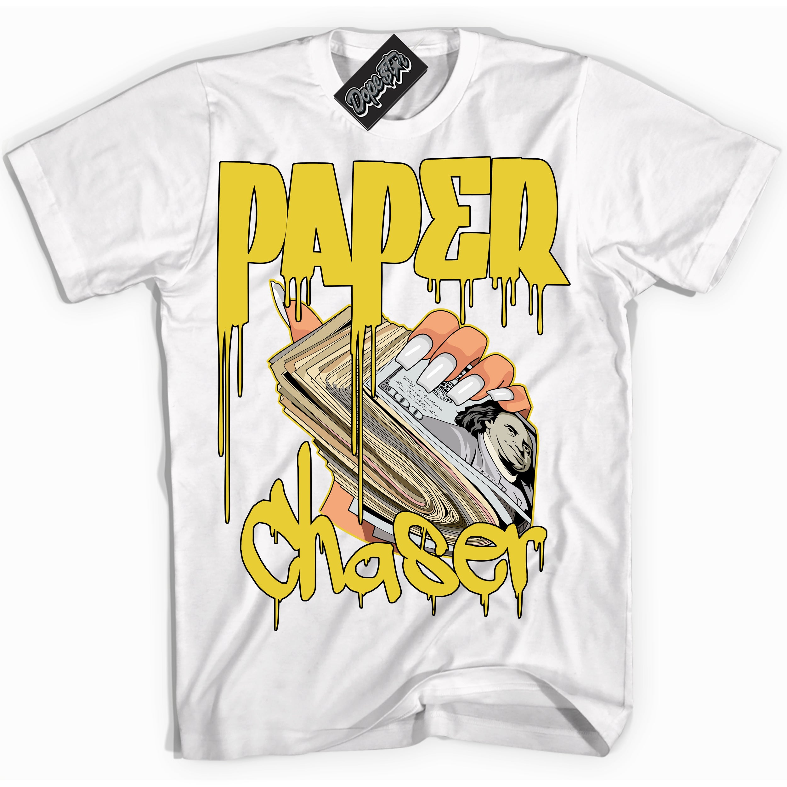 Cool White Shirt with “ Paper Chaser” design that perfectly matches Vivid Sulfur 4s Jordans.

