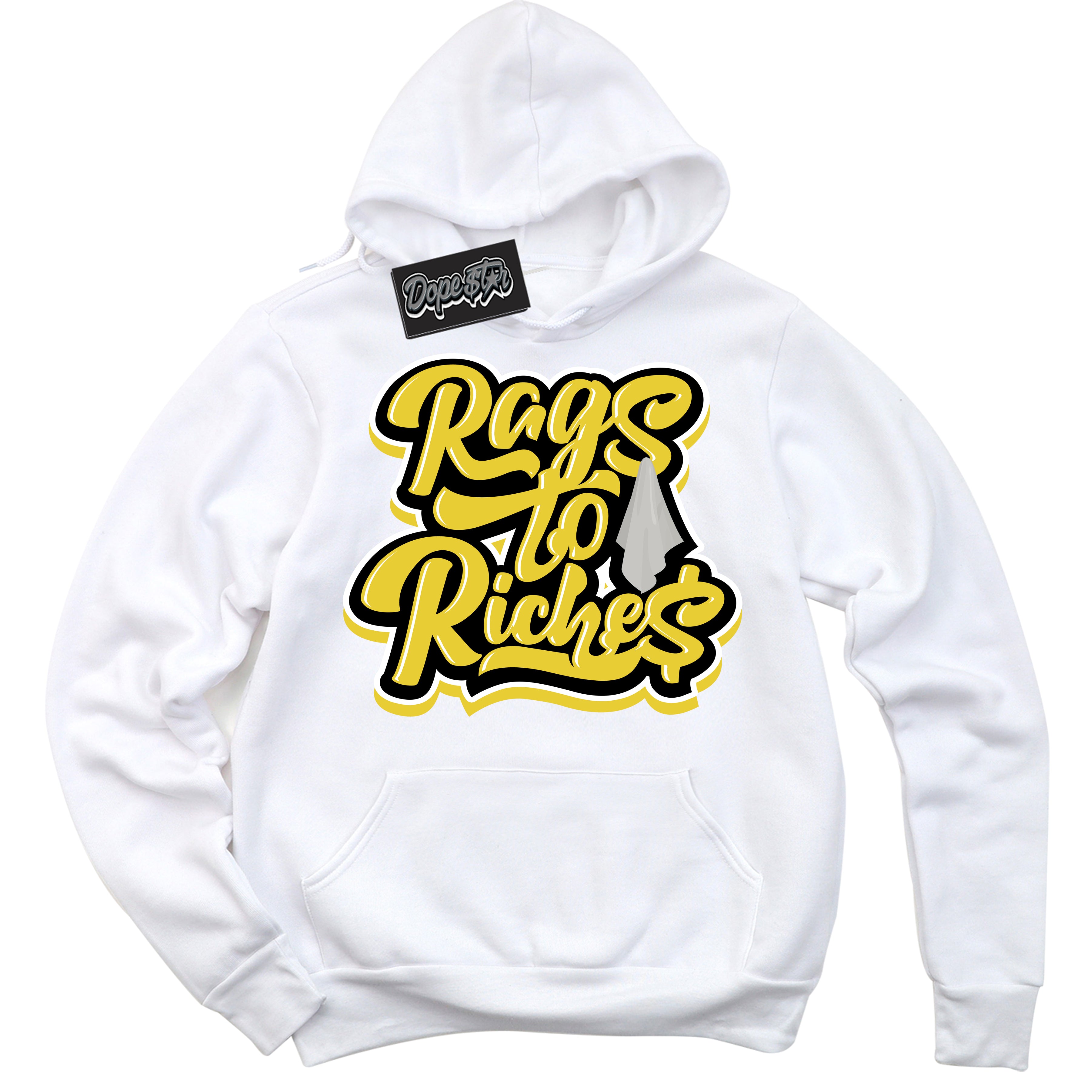 Cool White Hoodie with “ Rags To Riches ”  design that Perfectly Matches Vivid Sulfur 4s Jordans.