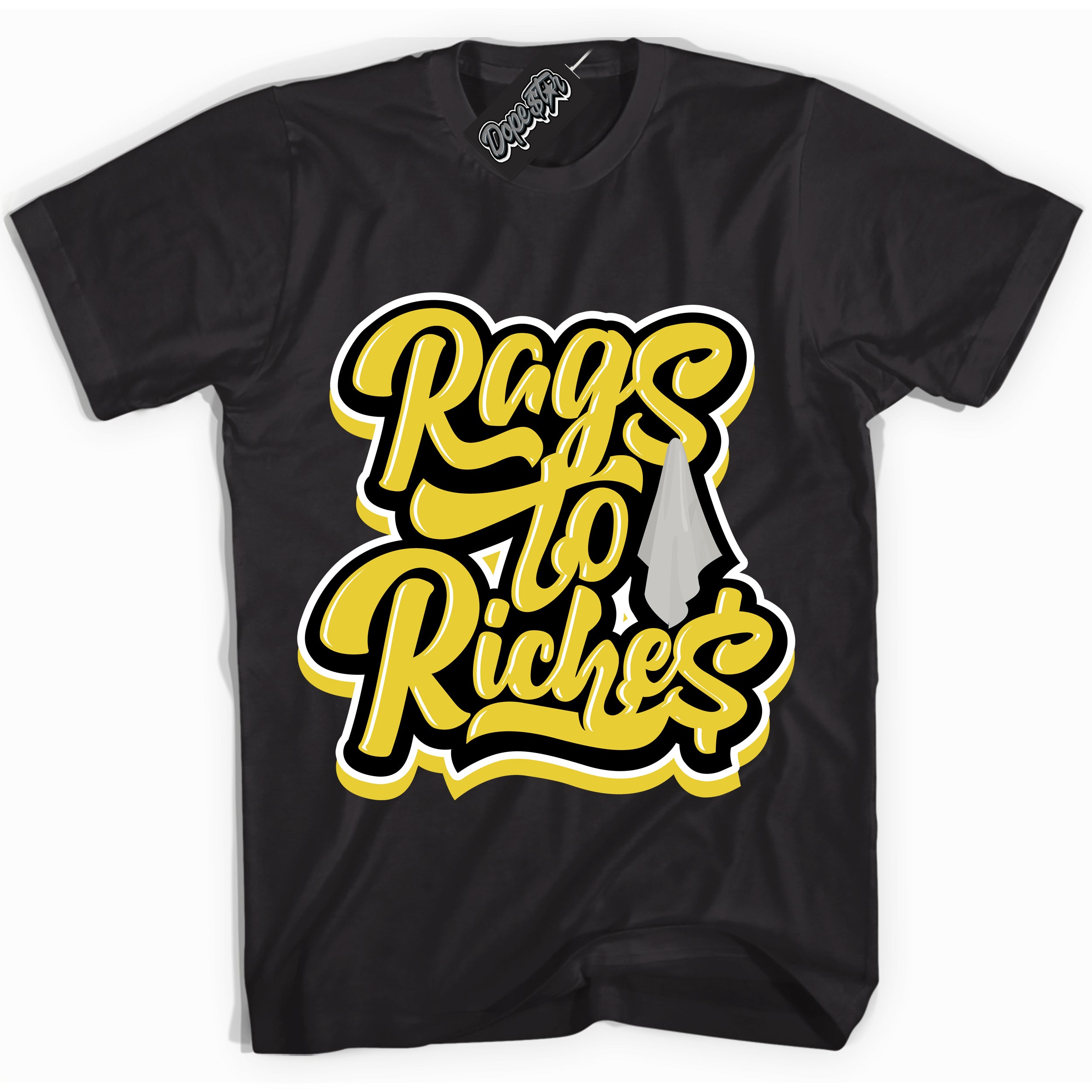Cool Black Shirt with “ Rags To Riches” design that perfectly matches Vivid Sulfur 4s Jordans.
