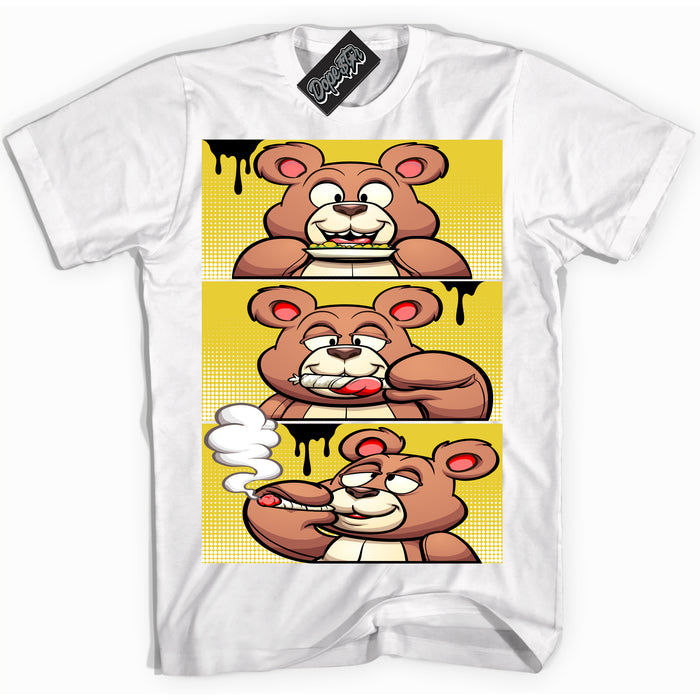 Cool White Shirt with “ Roll It Lick It Smoke It Bear” design that perfectly matches Vivid Sulfur 4s Jordans.
