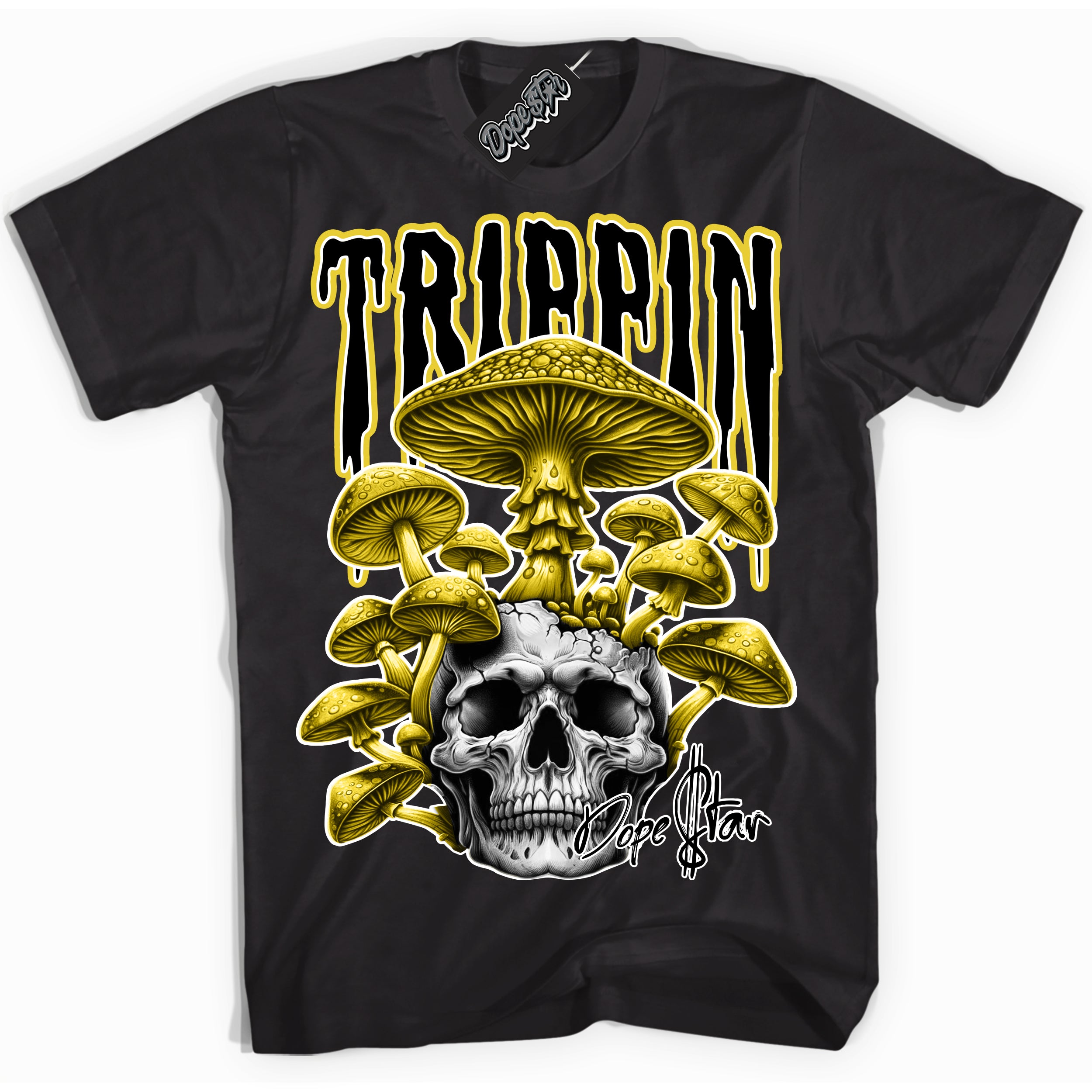 Cool Black Shirt with “Trippin” design that perfectly matches the Vivid Sulfur 4s Sneakers.