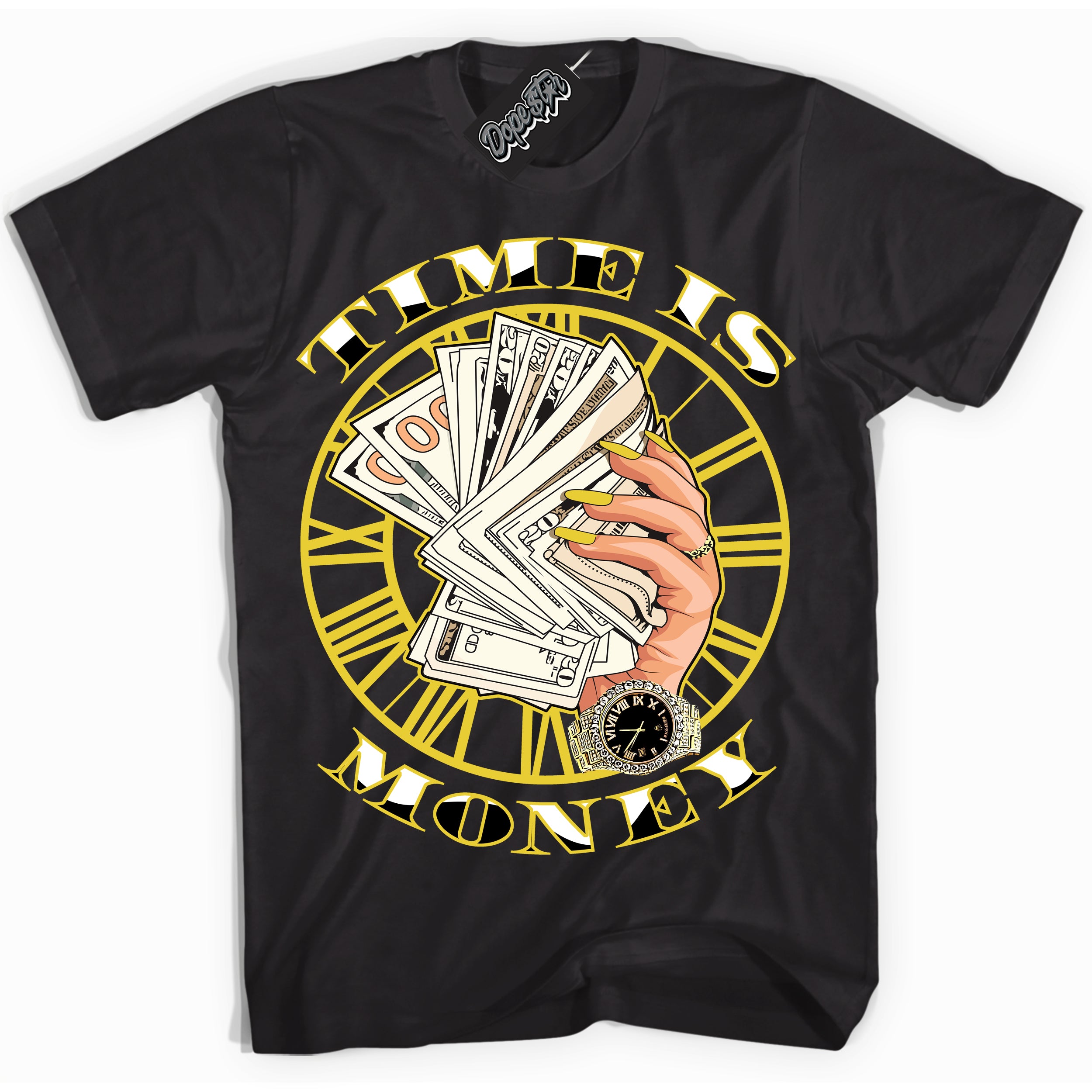 Cool Black Shirt with “ Time Is Money” design that perfectly matches Vivid Sulfur 4s Jordans.
