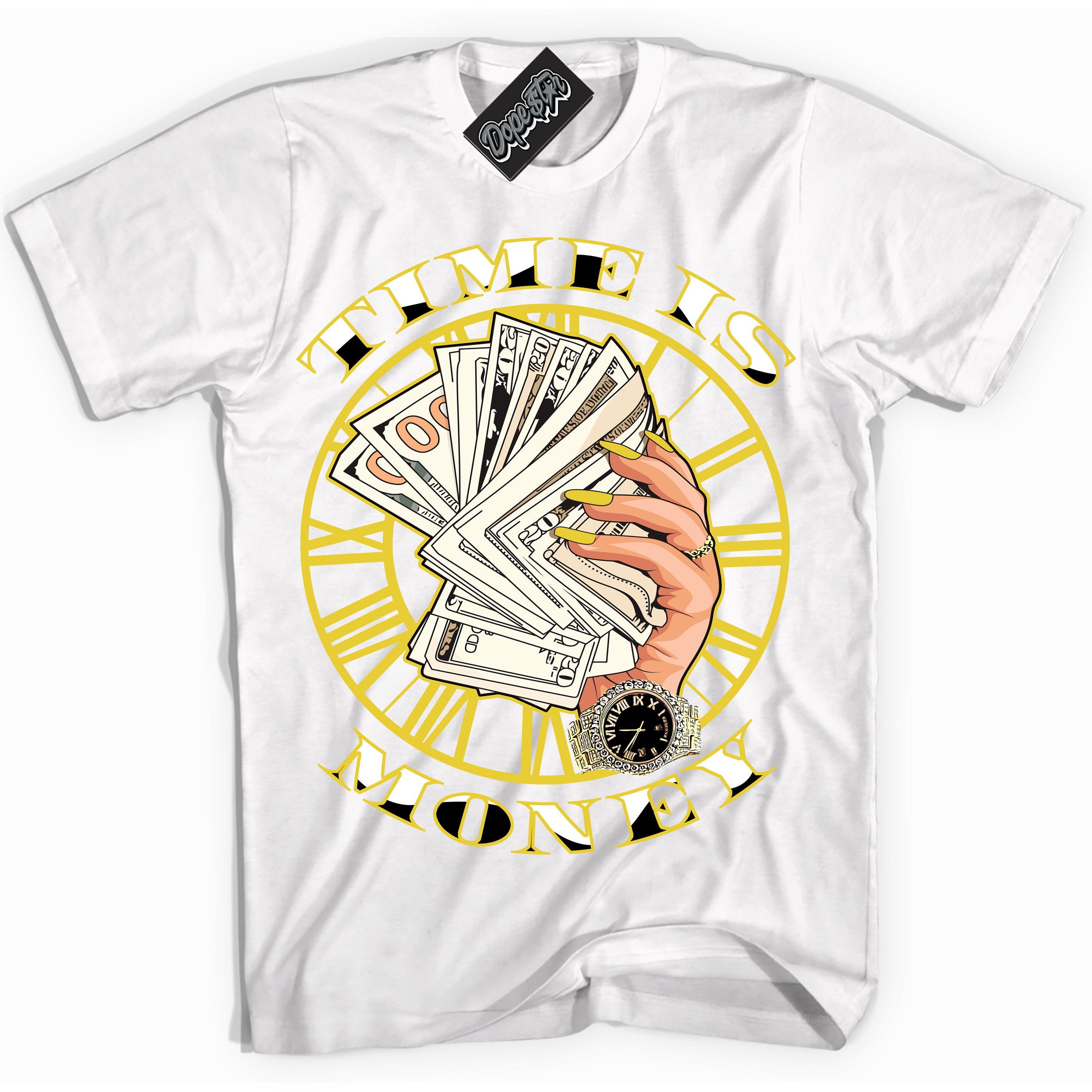 Cool White Shirt with “ Time Is Money” design that perfectly matches Vivid Sulfur 4s Jordans.
