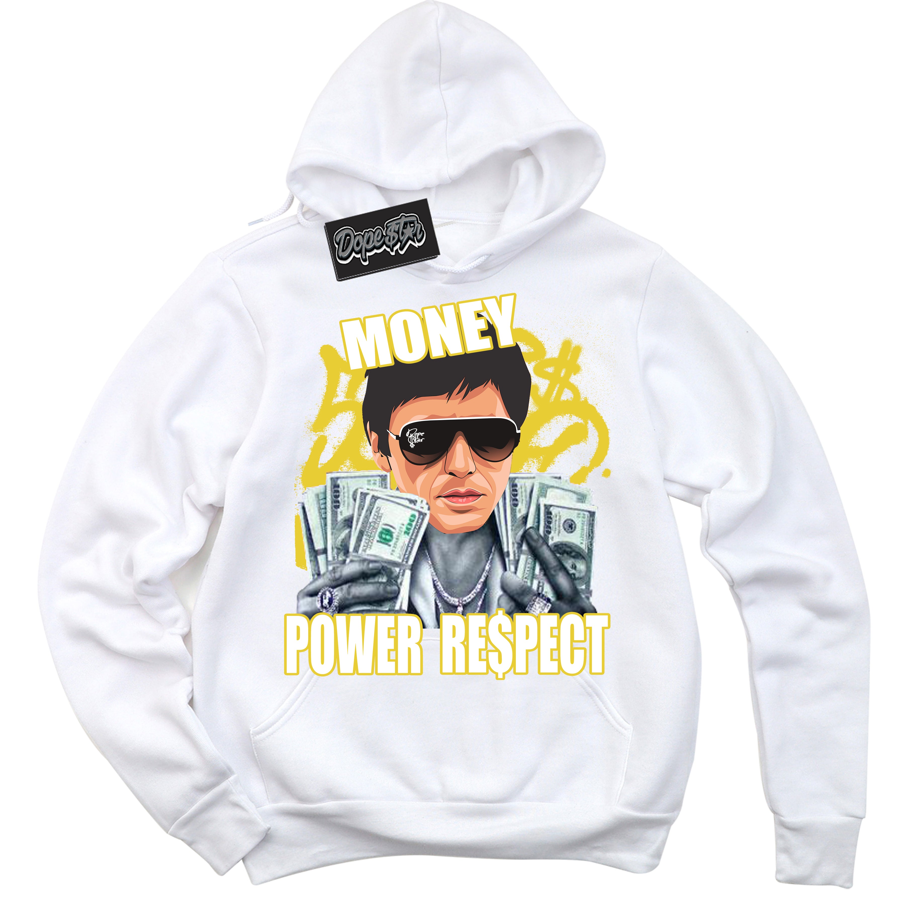 Cool White Hoodie with “ Tony Montana ”  design that Perfectly Matches Vivid Sulfur 4s Jordans.
