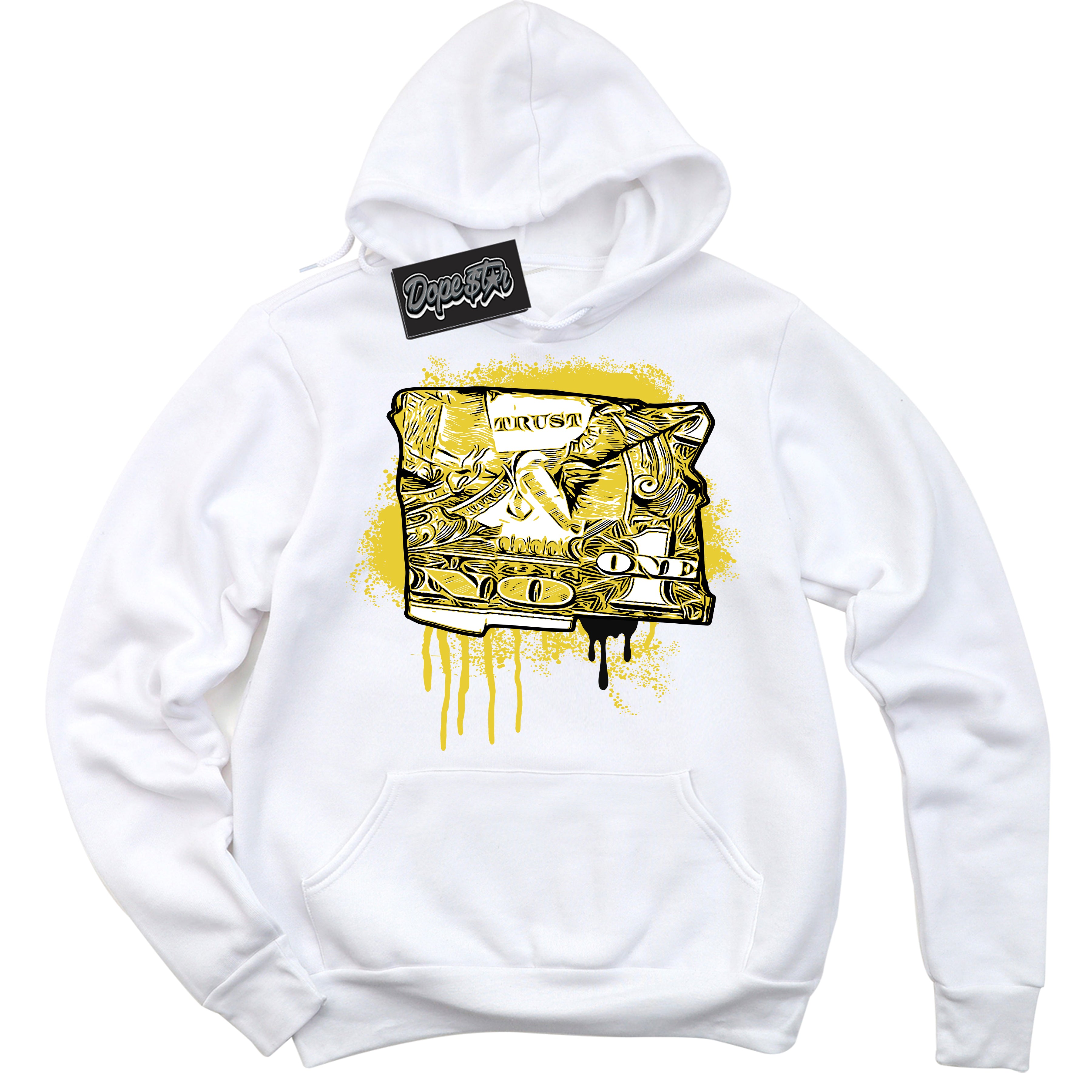 Cool White Hoodie with “ Trust No One Dollar ”  design that Perfectly Matches Vivid Sulfur 4s Jordans.
